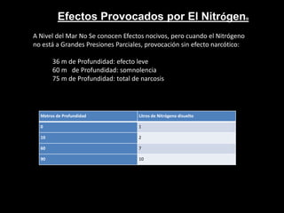 Metros de Profundidad Litros de Nitrógeno disuelto
0 1
10 2
60 7
90 10
Efectos Provocados por El Nitrógeno
A Nivel del Mar No Se conocen Efectos nocivos, pero cuando el Nitrógeno
no está a Grandes Presiones Parciales, provocación sin efecto narcótico:
36 m de Profundidad: efecto leve
60 m de Profundidad: somnolencia
75 m de Profundidad: total de narcosis
 
