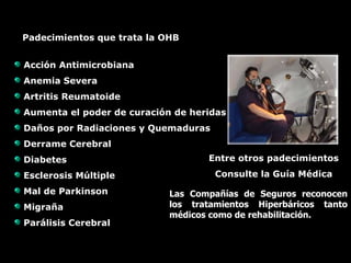 Padecimientos que trata la OHB
Acción Antimicrobiana
Anemia Severa
Artritis Reumatoide
Aumenta el poder de curación de heridas
Daños por Radiaciones y Quemaduras
Derrame Cerebral
Diabetes
Esclerosis Múltiple
Mal de Parkinson
Migraña
Parálisis Cerebral
Entre otros padecimientos
Consulte la Guía Médica
Las Compañías de Seguros reconocen
los tratamientos Hiperbáricos tanto
médicos como de rehabilitación.
 