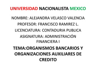 UNIVERSIDAD NACIONALISTA MEXICO 
NOMBRE: ALEJANDRA VELASCO VALENCIA 
PROFESOR: FRANCISCO RAMIREZ L. 
LICENCIATURA: CONTADURIA PUBLICA 
ASIGNATURA: ADMINISTRACIÓN 
FINANCIERA I 
TEMA:ORGANISMOS BANCARIOS Y 
ORGANIZACIONES AUXILIARES DE 
CREDITO 
 