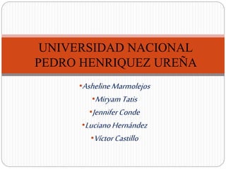 •AshelineMarmolejos
•MiryamTatis
•JenniferConde
•LucianoHernández
•VíctorCastillo
UNIVERSIDAD NACIONAL
PEDRO HENRIQUEZ UREÑA
 