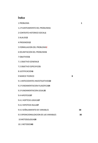 Índice
1 PROBLEMA                                     1

1.2 PLANTEAMIENTO DEL PROBLEMA1

2 CONTEXTO HISTORICO SOCIAL1

3 ALALISIS2

4 PROGNOSIS2

5 FORMULACION DEL PROBLEMA2

6 DELIMITACION DEL PROBLEMA5

7 OBJETIVOS5

7.1 OBJETIVO GENERAL5

7.2 OBJETIVO ESPECIFICO5

8 JUSTIFICACION6

9 MARCO TEORICO                           8

9.1 ANTECEDENTES INVESTIGATIVOS32

9.2 FUNDAMENTACION FILASOFICA34

9.3 FUNDAMENTACION LEGAL35

9.4 HIPOTESIS37

9.4.1 HOPTESIS LOGICA37

9.4.2 HIPOTESIS NULA37

9.4.3 SEÑALAMIENTO DE VARIABLES               38

9.5 OPERACIONALIZACION DE LAS VARIABLES       38

10 METODOLOGIA39

10.1 METODOS40
 