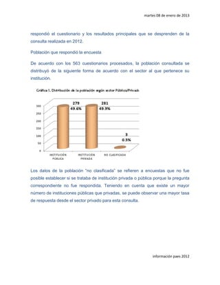 martes 08 de enero de 2013



respondió el cuestionario y los resultados principales que se desprenden de la
consulta realizada en 2012.

Población que respondió la encuesta

De acuerdo con los 563 cuestionarios procesados, la población consultada se
distribuyó de la siguiente forma de acuerdo con el sector al que pertenece su
institución.




Los datos de la población “no clasificada” se refieren a encuestas que no fue
posible establecer si se trataba de institución privada o pública porque la pregunta
correspondiente no fue respondida. Teniendo en cuenta que existe un mayor
número de instituciones públicas que privadas, se puede observar una mayor tasa
de respuesta desde el sector privado para esta consulta.




                                                                información paes 2012
 