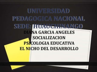 UNIVERSIDAD
PEDAGOGICA NACIONAL
SEDE: HUAUCHINANGO
  DIANA GARCIA ANGELES
       SOCIALIZACION
   PSICOLOGIA EDUCATIVA
 EL NICHO DEL DESARROLLO
 