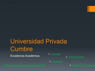 Universidad Privada
Cumbre
Excelencia Académica
 Carreras
 Titulación
 Inscritos Enero
 Grafico 1er TrimestreVisita nuestra web para mas información
 