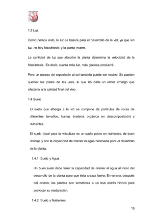16
1.3 Luz
Como hemos visto, la luz es básica para el desarrollo de la vid, ya que sin
luz, no hay fotosíntesis y la planta muere.
La cantidad de luz que absorbe la planta determina la velocidad de la
fotosíntesis. Es decir, cuanta más luz, más glucosa producirá.
Pero un exceso de exposición al sol también puede ser nocivo: Se pueden
quemar las pieles de las uvas, lo que les daría un sabor amargo que
afectaría a la calidad final del vino.
1.4 Suelo
El suelo que alberga a la vid se compone de partículas de rocas de
diferentes tamaños, humus (materia orgánica en descomposición) y
nutrientes.
El suelo ideal para la viticultura es un suelo pobre en nutrientes, de buen
drenaje y con la capacidad de retener el agua necesaria para el desarrollo
de la planta.
1.4.1 Suelo y Agua
Un buen suelo debe tener la capacidad de retener el agua al inicio del
desarrollo de la planta para que ésta crezca fuerte. En verano, después
del envero, las plantas son sometidas a un leve estrés hídrico para
provocar su maduración.
1.4.2 Suelo y Nutrientes
 