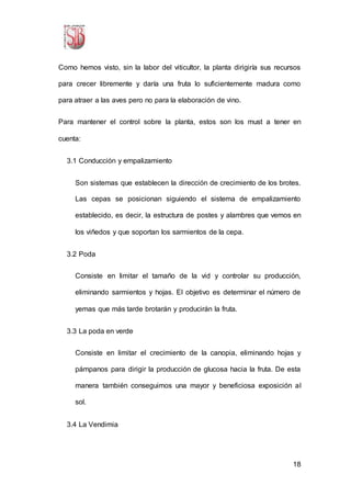 18
Como hemos visto, sin la labor del viticultor, la planta dirigiría sus recursos
para crecer libremente y daría una fruta lo suficientemente madura como
para atraer a las aves pero no para la elaboración de vino.
Para mantener el control sobre la planta, estos son los must a tener en
cuenta:
3.1 Conducción y empalizamiento
Son sistemas que establecen la dirección de crecimiento de los brotes.
Las cepas se posicionan siguiendo el sistema de empalizamiento
establecido, es decir, la estructura de postes y alambres que vemos en
los viñedos y que soportan los sarmientos de la cepa.
3.2 Poda
Consiste en limitar el tamaño de la vid y controlar su producción,
eliminando sarmientos y hojas. El objetivo es determinar el número de
yemas que más tarde brotarán y producirán la fruta.
3.3 La poda en verde
Consiste en limitar el crecimiento de la canopia, eliminando hojas y
pámpanos para dirigir la producción de glucosa hacia la fruta. De esta
manera también conseguimos una mayor y beneficiosa exposición al
sol.
3.4 La Vendimia
 