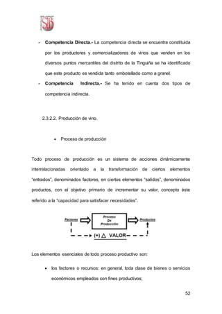 52
- Competencia Directa.- La competencia directa se encuentra constituida
por los productores y comercializadores de vinos que venden en los
diversos puntos mercantiles del distrito de la Tinguiña se ha identificado
que este producto es vendida tanto embotellado como a granel.
- Competencia Indirecta.- Se ha tenido en cuenta dos tipos de
competencia indirecta.
2.3.2.2. Producción de vino.
 Proceso de producción
Todo proceso de producción es un sistema de acciones dinámicamente
interrelacionadas orientado a la transformación de ciertos elementos
“entrados”, denominados factores, en ciertos elementos “salidos”, denominados
productos, con el objetivo primario de incrementar su valor, concepto éste
referido a la “capacidad para satisfacer necesidades”.
Los elementos esenciales de todo proceso productivo son:
 los factores o recursos: en general, toda clase de bienes o servicios
económicos empleados con fines productivos;
 