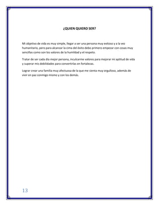 13
¿QUIEN QUIERO SER?
Mi objetivo de vida es muy simple, llegar a ser una persona muy exitoso y a la vez
humanitario, pero para alcanzar la cima del éxito debo primero empezar con cosas muy
sencillas como son los valores de la humildad y el respeto.
Tratar de ser cada día mejor persona, inculcarme valores para mejorar mi aptitud de vida
y superar mis debilidades para convertirlas en fortalezas.
Lograr crear una familia muy afectuosa de la que me sienta muy orgulloso, además de
vivir en paz conmigo mismo y con los demás.
 