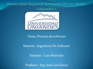 Tema :Proceso de software

Materia : Ingeniería De Software
Alumno : Luis Morocho
Profesor : Ing. José Luis Erazo

 