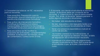 3. Competencias básicas en TIC necesarias
para los docentes.
1. Fase proactiva. Preparación para la
intervención, buscar información con la que
planifica las intervenciones formativas.
2. Fase activa: de intervención formativa .
Constituye la infraestructura básica
imprescindible, la plataforma tecnológica,
que facilita los recursos para el aprendizaje.
3. Fase pos activa; las TIC facilitan la
propuesta de actividades, complementarias
a realizar, la recepción de trabajos, envió
de comentarios y correcciones on line.
3. El docente aun siendo el estudiante el elemento
central , el docente debe ser consiente de las
acciones o carencias en la que el mismo puede
incurrir. Por ende el docente debería prevenir o
evitar algunas acciones o situaciones.
1. No haber sido estudiante en línea.
2. No dar respuestas o dar respuesta tardía a las
consultas hechas por los estudiantes en línea.
3. Tener una presencia esporádica o nula en el
centro de estudio.
4. no mostrar claridad en las indicaciones, al
momento de asignar los deberes virtuales, la falta
de disposición de la información necesaria.
5. Contribuye a la sobrecarga de asignaciones
virtuales al estudiante en línea. Esto puede llevar
al estudiante a que se frustre y abandone el
curso.
 