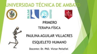 UNIVERSIDAD TÉCNICA DE AMBATO
PRIMERO
ESQUELETO HUMANO
Docente: Dr. PhD. Víctor Peñafiel
TERAPIA FÍSICA
PAULINA AGUILAR VILLACRES
 