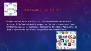 SOFTWARE DE APLICACIÓN
Es aquel que nos ayuda a realizar una tarea determinada, existen varias
categorías de Software de Aplicación por que hay muchos programas (solo
nombramos algunos) los cuales son: Aplicaciones de negocio, Aplicaciones de
Utilería, Aplicaciones Personales, aplicaciones de Entretenimiento.
 