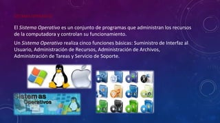 SISTEMA OPERATIVO
El Sistema Operativo es un conjunto de programas que administran los recursos
de la computadora y controlan su funcionamiento.
Un Sistema Operativo realiza cinco funciones básicas: Suministro de Interfaz al
Usuario, Administración de Recursos, Administración de Archivos,
Administración de Tareas y Servicio de Soporte.
 