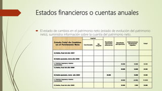 Estados financieros o cuentas anuales
 El estado de cambios en el patrimonio neto (estado de evolución del patrimonio
neto), suministra información sobre la cuantía del patrimonio neto.
 