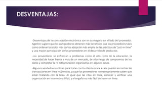 DESVENTAJAS:
-Desventajas de la contratación electrónica son en su mayoría en el lado del proveedor.
Ageshin sugiere que l...