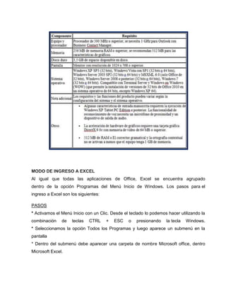 MODO DE INGRESO A EXCEL
Al igual que todas las aplicaciones de Office, Excel se encuentra agrupado
dentro de la opción Programas del Menú Inicio de Windows. Los pasos para el
ingreso a Excel son los siguientes:
PASOS
* Activamos el Menú Inicio con un Clic. Desde el teclado lo podemos hacer utilizando la
combinación

de

teclas

CTRL

+

ESC

o

presionando

la tecla

Windows.

* Seleccionamos la opción Todos los Programas y luego aparece un submenú en la
pantalla
* Dentro del submenú debe aparecer una carpeta de nombre Microsoft office, dentro
Microsoft Excel.

 