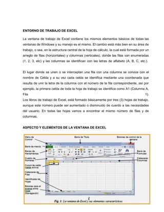 ENTORNO DE TRABAJO DE EXCEL
La ventana de trabajo de Excel contiene los mismos elementos básicos de todas las
ventanas de Windows y su manejo es el mismo. El cambio está más bien en su área de
trabajo, o sea, en la estructura central de la hoja de cálculo, la cual está formada por un
arreglo de filas (horizontales) y columnas (verticales), donde las filas van enumeradas
(1, 2, 3, etc) y las columnas se identifican con las letras de alfabeto (A, B, C, etc.).

El lugar donde se unen o se interceptan una fila con una columna se conoce con el
nombre de Celda y a su vez cada celda se identifica mediante una coordenada que
resulta de unir la letra de la columna con el número de la fila correspondiente, así por
ejemplo, la primera celda de toda la hoja de trabajo se identifica como A1 (Columna A,
Fila

1).

Los libros de trabajo de Excel, está formado básicamente por tres (3) hojas de trabajo,
aunque este número puede ser aumentado o disminuido de cuerdo a las necesidades
del usuario. En todas las hojas vamos a encontrar el mismo número de filas y de
columnas.

ASPECTO Y ELEMENTOS DE LA VENTANA DE EXCEL

 