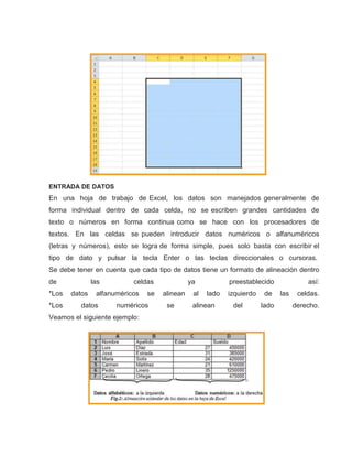ENTRADA DE DATOS

En una hoja de trabajo de Excel, los datos son manejados generalmente de
forma individual dentro de cada celda, no se escriben grandes cantidades de
texto o números en forma continua como se hace con los procesadores de
textos. En las celdas se pueden introducir datos numéricos o alfanuméricos
(letras y números), esto se logra de forma simple, pues solo basta con escribir el
tipo de dato y pulsar la tecla Enter o las teclas direccionales o cursoras.
Se debe tener en cuenta que cada tipo de datos tiene un formato de alineación dentro
de
*Los
*Los

las
datos

celdas

alfanuméricos

datos

se

numéricos

Veamos el siguiente ejemplo:

ya
alinean
se

al

preestablecido
lado

alinean

izquierdo
del

de
lado

así:
las

celdas.
derecho.

 