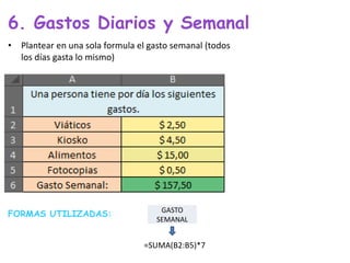 6. Gastos Diarios y Semanal
• Plantear en una sola formula el gasto semanal (todos
los días gasta lo mismo)
FORMAS UTILIZADAS: GASTO
SEMANAL
=SUMA(B2:B5)*7
 