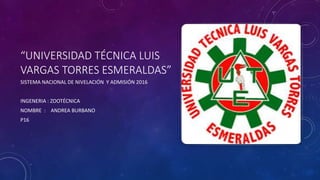 “UNIVERSIDAD TÉCNICA LUIS
VARGAS TORRES ESMERALDAS”
SISTEMA NACIONAL DE NIVELACIÓN Y ADMISIÓN 2016
INGENERIA : ZOOTÉCNICA
NOMBRE : ANDREA BURBANO
P16
 