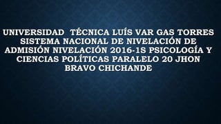 UNIVERSIDAD TÉCNICA LUÍS VAR GAS TORRES
SISTEMA NACIONAL DE NIVELACIÓN DE
ADMISIÓN NIVELACIÓN 2016-1S PSICOLOGÍA Y
CIENCIAS POLÍTICAS PARALELO 20 JHON
BRAVO CHICHANDE
 