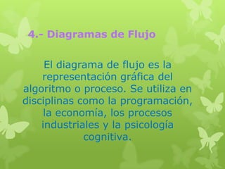 4.- Diagramas de Flujo


     El diagrama de flujo es la
    representación gráfica del
algoritmo o proceso. Se utiliza en
disciplinas como la programación,
     la economía, los procesos
    industriales y la psicología
             cognitiva.
 
