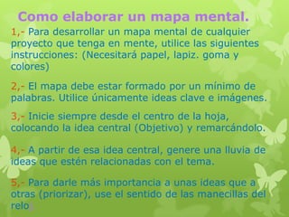 Como elaborar un mapa mental.
1,- Para desarrollar un mapa mental de cualquier
proyecto que tenga en mente, utilice las siguientes
instrucciones: (Necesitará papel, lapiz. goma y
colores)

2,- El mapa debe estar formado por un mínimo de
palabras. Utilice únicamente ideas clave e imágenes.
3,- Inicie siempre desde el centro de la hoja,
colocando la idea central (Objetivo) y remarcándolo.

4,- A partir de esa idea central, genere una lluvia de
ideas que estén relacionadas con el tema.

5,- Para darle más importancia a unas ideas que a
otras (priorizar), use el sentido de las manecillas del
reloj.
 