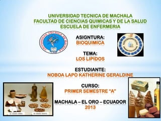 UNIVERSIDAD TECNICA DE MACHALA
FACULTAD DE CIENCIAS QUIMICAS Y DE LA SALUD
ESCUELA DE ENFERMERIA
ASIGNTURA:
BIOQUIMICA
TEMA:
LOS LIPIDOS

ESTUDIANTE:
NOBOA LAPO KATHERINE GERALDINE
CURSO:
PRIMER SEMESTRE “A”
MACHALA – EL ORO – ECUADOR
2013

 