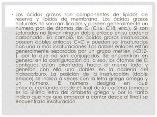• Los ácidos grasos son componentes de lípidos de
reserva y lípidos de membrana. Los ácidos grasos
naturales no son ramificados y poseen generalmente un
número par de átomos de C (C16, C18, etc.). Si son
saturados no llevan ningún doble enlace en su cadena
carbonada. En cambio, los ácidos grasos insaturados
poseen dobles enlaces C=C y pueden ser insaturados
con una o más insaturaciones. Los dobles enlaces están
generalmente separados por un grupo metilen (-CH2), por lo que no son conjugados. Se encuentran en
general en la configuración cis, o sea, los átomos de C
contiguos están orientados hacia el mismo lado y
generan con ello una doblez en la cadena del
hidrocarburo. La posición de la insaturación (doble
enlace) se indica a veces con la letra griega omega y
un
número.
El
número
designa
en
qué
enlace, contando desde el final de la cadena (omega
es la última letra del alfabeto griego y por lo tanto
indica que hay que empezar a contar desde el final) se
encuentra la insaturación.

 