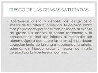 RIESGO DE LAS GRASAS SATURADAS
• Hipertensión arterial y deposito de las grasas al
interior de tus arterias, obesidad, tu corazón saldrá
más perjudicado por ser el más delicado al exceso
de grasas sus arterias se tapan facilmente y la
consecuencia final son infartos al miocardio por
ateromas(grasa que cubre las arterias) y producen
coagulamiento de la sangre taponando la arteria;
además de hígado graso y riesgos de infarto
cerebral por la hipertensión continua.

 