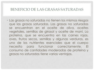 BENEFICIO DE LAS GRASAS SATURADAS
• Las grasas no saturadas no tienen los mismos riesgos
que las grasas saturadas. Las grasas no saturadas
se encuentran en el aceite de oliva, aceites
vegetales, semillas de girasol y aceite de maní. La
proteína, que se encuentra en las carnes rojas,
aves, frutos secos, semillas y algunas verduras, es
uno de los nutrientes esenciales que el cuerpo
necesita para funcionar correctamente. El
consumo de cantidades moderadas de proteína y
grasas no saturadas tiene varias ventajas.

 