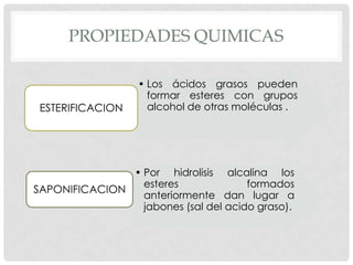 PROPIEDADES QUIMICAS

ESTERIFICACION

• Los ácidos grasos pueden
formar esteres con grupos
alcohol de otras moléculas .

• Por hidrolisis alcalina los
esteres
formados
SAPONIFICACION
anteriormente dan lugar a
jabones (sal del acido graso).

 