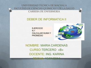 UNIVERSIDAD TECNICA DE MACHALA
FACULTAD DE CIENCIAS QUIMICAS Y DE LA SALUD
CARRERA DE ENFERMERIA

DEBER DE INFORMATICA II
EJERCICIO
N.1
CALCULAR SUMA Y
PROMEDIO

NOMBRE: MARIA CARDENAS
CURSO:TERCERO «B»
DOCENTE: ING. KARINA
FECHA: 15/01/2014

 