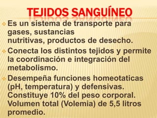 TEJIDOS SANGUÍNEO
 Es un sistema de transporte para
gases, sustancias
nutritivas, productos de desecho.
 Conecta los distintos tejidos y permite
la coordinación e integración del
metabolismo.
 Desempeña funciones homeotaticas
(pH, temperatura) y defensivas.
Constituye 10% del peso corporal.
Volumen total (Volemia) de 5,5 litros
promedio.
 