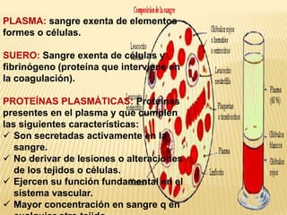PLASMA: sangre exenta de elementos
formes o células.
SUERO: Sangre exenta de células y
fibrinógeno (proteína que interviene en
la coagulación).
PROTEÍNAS PLASMÁTICAS: Proteínas
presentes en el plasma y que cumplen
las siguientes características:
 Son secretadas activamente en la
sangre.
 No derivar de lesiones o alteraciones
de los tejidos o células.
 Ejercen su función fundamental en el
sistema vascular.
 Mayor concentración en sangre q en
 