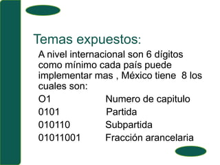 Temas expuestos:A nivel internacional son 6 dígitos como mínimo cada país puede implementar mas , México tiene  8 los cuales son:O1                    Numero de capitulo0101                 Partida010110             Subpartida01011001         Fracción arancelaria