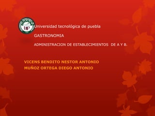 Universidad tecnológica de puebla

   GASTRONOMIA

   ADMINISTRACION DE ESTABLECIMIENTOS DE A Y B.




VICENS BENDITO NESTOR ANTONIO
MUÑOZ ORTEGA DIEGO ANTONIO
 