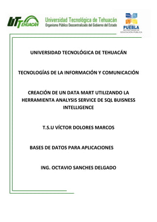 UNIVERSIDAD TECNOLÓGICA DE TEHUACÁN


TECNOLOGÍAS DE LA INFORMACIÓN Y COMUNICACIÓN


   CREACIÓN DE UN DATA MART UTILIZANDO LA
 HERRAMIENTA ANALYSIS SERVICE DE SQL BUISNESS
                INTELLIGENCE


         T.S.U VÍCTOR DOLORES MARCOS


    BASES DE DATOS PARA APLICACIONES


        ING. OCTAVIO SANCHES DELGADO
 