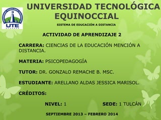 UNIVERSIDAD TECNOLÓGICA
EQUINOCCIAL
SISTEMA DE EDUCACIÓN A DISTANCIA

ACTIVIDAD DE APRENDIZAJE 2
CARRERA: CIENCIAS DE LA EDUCACIÓN MENCIÓN A
DISTANCIA.
MATERIA: PSICOPEDAGOGÍA
TUTOR: DR. GONZALO REMACHE B. MSC.
ESTUDIANTE: ARELLANO ALDAS JESSICA MARISOL.
CRÉDITOS:
NIVEL: 1

SEDE: 1 TULCÁN

SEPTIEMBRE 2013 – FEBRERO 2014

 