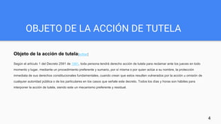 OBJETO DE LA ACCIÓN DE TUTELA
Objeto de la acción de tutela[editar]
Según el artículo 1 del Decreto 2591 de 1991, toda persona tendrá derecho acción de tutela para reclamar ante los jueces en todo
momento y lugar, mediante un procedimiento preferente y sumario, por sí misma o por quien actúe a su nombre, la protección
inmediata de sus derechos constitucionales fundamentales, cuando crean que estos resulten vulnerados por la acción u omisión de
cualquier autoridad pública o de los particulares en los casos que señale este decreto. Todos los días y horas son hábiles para
interponer la acción de tutela, siendo este un mecanismo preferente y residual.
4
 