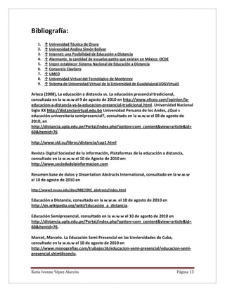 Katia Ivonne Yépez Alarcón Página 13
Bibliografía:
1. ↑ Universidad Técnica de Oruro
2. ↑ Universidad Andina Simón Bolívar
3. ↑ Internet: una Posibilidad de Educación a Distancia
4. ↑ Alarmante, la cantidad de escuelas patito que existen en México: OCDE
5. ↑ Urgen establecer Sistema Nacional de Educación a Distancia
6. ↑ Consorcio Clavijero
7. ↑ UMED
8. ↑ Universidad Virtual del Tecnológico de Monterrey
9. ↑ Sistema de Universidad Virtual de la Universidad de Guadalajara(UDGVirtual)
Arleco (2008), La educación a distancia vs. La educación presencial tradicional,
consultada en la w.w.w el 9 de agosto de 2010 en http://www.eliceo.com/opinion/la-
educacion-a-distancia-vs-la-educacion-presencial-tradicional.html. Universidad Nacional
Siglo XX http://distanciavirtual.edu.bo Universidad Peruana de los Andes, ¿Qué s
educación universitaria semipresencial?, consultado en la w.w.w el 09 de agosto de
2010, en
http://distancia.upla.edu.pe/Portal/index.php?option=com_content&view=article&id=
60&Itemid=76
http://www.sld.cu/libros/distancia/cap1.html
Revista Digital Sociedad de la información, Plataformas de la educación a distancia,
consultado en la w.w.w el 10 de Agosto de 2010 en:
http://www.sociedadelainformacion.com
Resumen base de datos y Dissertation Abstracts International, consultado en la w.w.w
el 10 de agosto de 2010 en
http://www3.ncusu.edu/dox/NBE/ERIC_abstracts/index.html
Educación a Distancia, consultado en la w.w.w. el 10 de agosto de 2010 en
http://es.wikipedia.org/wiki/Educación_a_distancia.
Educación Semipresencial, consultado en la w.w.w el 10 de agosto de 2010 en
http://distancia.upla.edu.pe/Portal/index.php?option=com_content&view=article&id=
60&Itemid=76.
Marcet, Marcelo. La Educación Semi Presencial en las Unviersidades de Cuba,
consultado en la w.w.w el 10 de agosto de 2010 en
http://www.monografias.com/trabajos16/educacion-semi-presencial/educacion-semi-
presencial.shtml#conclu.
 