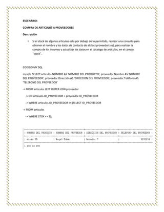 ESCENARIO:

COMPRA DE ARTICULOS A PROVEEDORES

Descripción

   •   Si el stock de algunos articulos esta por debajo de lo permitido, realizar una consulta para
       obtener el nombre y los datos de contacto de el (los) proveedor (es), para realizar la
       compra de los insumos y actualizar los datos en el catalogo de artículos, en el campo
       “stock”.



CODIGO MY SQL

mysql> SELECT articulos.NOMBRE AS 'NOMBRE DEL PRODUCTO', proveedor.Nombre AS 'NOMBRE
DEL PROVEEDOR', proveedor.Dirección AS 'DIRECCION DEL PROVEEDOR', proveedor.Teléfono AS
'TELEFONO DEL PROVEEDOR'

-> FROM articulos LEFT OUTER JOIN proveedor

  -> ON articulos.ID_PROVEEDOR = proveedor.ID_PROVEEDOR

  -> WHERE articulos.ID_PROVEEDOR IN (SELECT ID_PROVEEDOR

-> FROM articulos

  -> WHERE STOK <= 3);
 