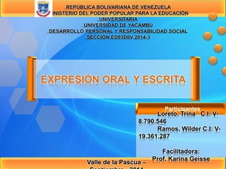 REPÚBLICA BOLIVARIANA DE VENEZUELA 
MINISTERIO DEL PODER POPULAR PARA LA EDUCACIÓN 
UNIVERSITARIA 
UNIVERSIDAD DE YACAMBÚ 
DESARROLLO PERSONAL Y RESPONSABILIDAD SOCIAL 
SECCIÓN ED03D0V 2014-3 
EXPRESIÓN ORAL Y ESCRITA 
Valle de la Pascua – 
Septiembre - 2014 
Participantes 
Loreto, Trina C.I: V- 
8.790.546 
Ramos, Wilder C.I: V- 
19.361.287 
Facilitadora: 
Prof. Karina Geisse 
 