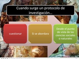 Cuando surge un protocolo de
           investigación…


                                Desde el punto
                                de vista de las
cuestionar    Si se abordara
                               ciencias sociales
                                  o naturales
 