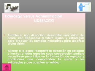 Liderazgo versus Administración
                    LIDERAZGO


    Establecer una dirección: desarrollar una visión del
     futuro, con frecuencia el futuro lejano, y estrategias
     para producir los cambios necesarios para alcanzar
     dicha visión.

    Alinear a la gente: transmitir la dirección en palabras
     y hechos a todos aquellos cuya cooperación pudiera
     necesitarse para influir en la formación de equipos y
     coaliciones que comprendan la visión y las
     estrategias y que acepten su validez.
 