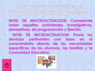    NIVEL DE MACROACTUACION: Comprende
    todas aquellas actividades investigativas,
    planeativas, de programación y fijación.
     NIVEL DE MICROACTUACION: Presta los
    servicios pertinentes con base en el
    conocimiento directo de las necesidades
    específicas de los alumnos, las familias y la
    Comunidad Educativa.
 