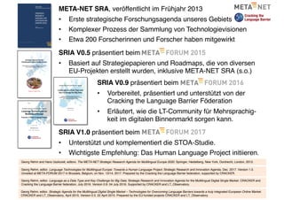 META-NET SRA, veröffentlicht im Frühjahr 2013
• Erste strategische Forschungsagenda unseres Gebiets
• Komplexer Prozess der Sammlung von Technologievisionen
• Etwa 200 Forscherinnen und Forscher haben mitgewirkt
D
RAFT
D
RAFT
D
RAFT
D
RAFT
D
RAFT
D
RAFT
D
RAFT
D
RAFT
D
RAFT
D
RAFT
D
RAFT
D
RAFT
D
RAFT
D
RAFT
D
RAFT
D
RAFT
D
RAFT
D
RAFT
D
RAFT
D
RAFT
D
RAFT
D
RAFT
D
RAFT
D
RAFT
D
RAFT
D
RAFT
D
RAFT
D
RAFT
D
RAFT
D
RAFT
D
RAFT
D
RAFT
D
RAFT
D
RAFT
D
RAFT
D
RAFT
D
RAFT
D
RAFT
D
RAFT
D
RAFT
D
RAFT
D
RAFT
D
RAFT
D
RAFT
D
RAFT
D
RAFT
D
RAFT
D
RAFT
D
RAFT
D
RAFT
D
RAFT
D
RAFT
D
RAFT
D
RAFT
D
RAFT
D
RAFT
D
RAFT
D
RAFT
D
RAFT
D
RAFT
D
RAFT
D
RAFT
D
RAFT
D
RAFT
D
RAFT
D
RAFT
D
RAFT
D
RAFT
D
RAFT
D
RAFT
D
RAFT
D
RAFT
D
RAFT
D
RAFT
D
RAFT
D
RAFT
D
RAFT
D
RAFT
D
RAFT
D
RAFT
D
RAFT
D
RAFT
D
RAFT
D
RAFT
D
RAFT
D
RAFT
D
RAFT
D
RAFT
D
RAFT
D
RAFT
D
RAFT
D
RAFT
D
RAFT
D
RAFT
D
RAFT
D
RAFT
D
RAFT
D
RAFT
D
RAFT
D
RAFT
D
RAFT
D
RAFT
D
RAFT
D
RAFT
D
RAFT
D
RAFT
D
RAFT
D
RAFT
D
RAFT
D
RAFT
D
RAFT
D
RAFT
D
RAFT
D
RAFT
D
RAFT
D
RAFT
D
RAFT
D
RAFT
D
RAFT
D
RAFT
D
RAFT
D
RAFT
D
RAFT
D
RAFT
D
RAFT
D
RAFT
D
RAFT
D
RAFT
D
RAFT
D
RAFT
D
RAFT
D
RAFT
D
RAFT
D
RAFT
D
RAFT
D
RAFT
D
RAFT
D
RAFT
D
RAFT
D
RAFT
D
RAFT
D
RAFT
D
RAFT
D
RAFT
D
RAFT
D
RAFT
D
RAFT
D
RAFT
D
RAFT
D
RAFT
D
RAFT
D
RAFT
D
RAFT
D
RAFT
D
RAFT
D
RAFT
D
RAFT
D
RAFT
D
RAFT
D
RAFT
D
RAFT
D
RAFT
D
RAFT
D
RAFT
D
RAFT
D
RAFT
D
RAFT
D
RAFT
D
RAFT
D
RAFT
D
RAFT
D
RAFT
D
RAFT
D
RAFT
D
RAFT
D
RAFT
D
RAFT
D
RAFT
D
RAFT
D
RAFT
D
RAFT
D
RAFT
D
RAFT
D
RAFT
D
RAFT
D
RAFT
D
RAFT
D
RAFT
D
RAFT
D
RAFT
D
RAFT
D
RAFT
D
RAFT
D
RAFT
D
RAFT
D
RAFT
D
RAFT
D
RAFT
D
RAFT
D
RAFT
D
RAFT
D
RAFT
D
RAFT
D
RAFT
D
RAFT
D
RAFT
D
RAFT
D
RAFT
D
RAFT
D
RAFT
D
RAFT
D
RAFT
Strategic Agenda for the
Multilingual Digital Single Market
Technologies for Overcoming Language Barriers towards
a truly integrated European Online Market
D
RAFT
Version 0.5 – April 22, 2015
SRIA V0.5 präsentiert beim
• Basiert auf Strategiepapieren und Roadmaps, die von diversen
EU-Projekten erstellt wurden, inklusive META-NET SRA (s.o.)
Strategic Research and Innovation Agenda
Language as a Data Type and
Key Challenge for Big Data
Enabling the Multilingual Digital Single Market
through technologies for translating, analysing, processing
and curating natural language content
SRIA Editorial Team
Version 0.9 – July 2016
SRIA V0.9 präsentiert beim
• Vorbereitet, präsentiert und unterstützt von der
Cracking the Language Barrier Föderation
• Erläutert, wie die LT-Community für Mehrsprachig-
keit im digitalen Binnenmarkt sorgen kann.
Strategic Research and Innovation Agenda
Language Technologies for
Multilingual Europe
Towards a Human Language Project
SRIA Editorial Team
Version 1.0 beta – November 2017
SRIA V1.0 präsentiert beim
• Unterstützt und komplementiert die STOA-Studie.
• Wichtigste Empfehlung: Das Human Language Project initiieren.
Georg Rehm and Hans Uszkoreit, editors. The META-NET Strategic Research Agenda for Multilingual Europe 2020. Springer, Heidelberg, New York, Dordrecht, London, 2013.
Georg Rehm, editor. Language Technologies for Multilingual Europe: Towards a Human Language Project. Strategic Research and Innovation Agenda. Dec. 2017. Version 1.0.
Unveiled at META-FORUM 2017 in Brussels, Belgium, on Nov. 13/14, 2017. Prepared by the Cracking the Language Barrier federation, supported by CRACKER.
Georg Rehm, editor. Language as a Data Type and Key Challenge for Big Data. Strategic Research and Innovation Agenda for the Multilingual Digital Single Market. CRACKER and
Cracking the Language Barrier federation, July 2016. Version 0.9. 04 July 2016. Supported by CRACKER and LT_Observatory.
Georg Rehm, editor. Strategic Agenda for the Multilingual Digital Single Market – Technologies for Overcoming Language Barriers towards a truly integrated European Online Market.
CRACKER and LT_Observatory, April 2015. Version 0.5. 22 April 2015. Prepared by the EU-funded projects CRACKER and LT_Observatory.
 