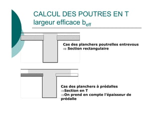 CALCUL DES POUTRES EN T
largeur efficace beff
Cas des planchers poutrelles entrevous
⇒
⇒
⇒
⇒ Section rectangulaire
Cas des planchers à prédalles
⇒Section en T
⇒On prend en compte l’épaisseur de
prédalle
 