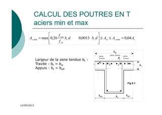 12/09/2013
CALCUL DES POUTRES EN T
aciers min et max
c
s
sl
t
t
yk
ctm
s A
A
A
d
b
d
b
f
f
A 04
,
0
0013
,
0
26
,
0
max min
,
min
, =
≤
≤








=
Largeur de la zone tendue bt :
Travée : bt = bw
Appuis : bt = beff
partie
externe
partie interne partie
externe
eff
b
w
b
1
eff
b 2
eff
b
f
h
Fig 9.1
s
A
 