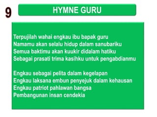 HYMNE GURU
Terpujilah wahai engkau ibu bapak guru
Namamu akan selalu hidup dalam sanubariku
Semua baktimu akan kuukir didalam hatiku
Sebagai prasati trima kasihku untuk pengabdianmu
Engkau sebagai pelita dalam kegelapan
Engkau laksana embun penyejuk dalam kehausan
Engkau patriot pahlawan bangsa
Pembangunan insan cendekia
 
